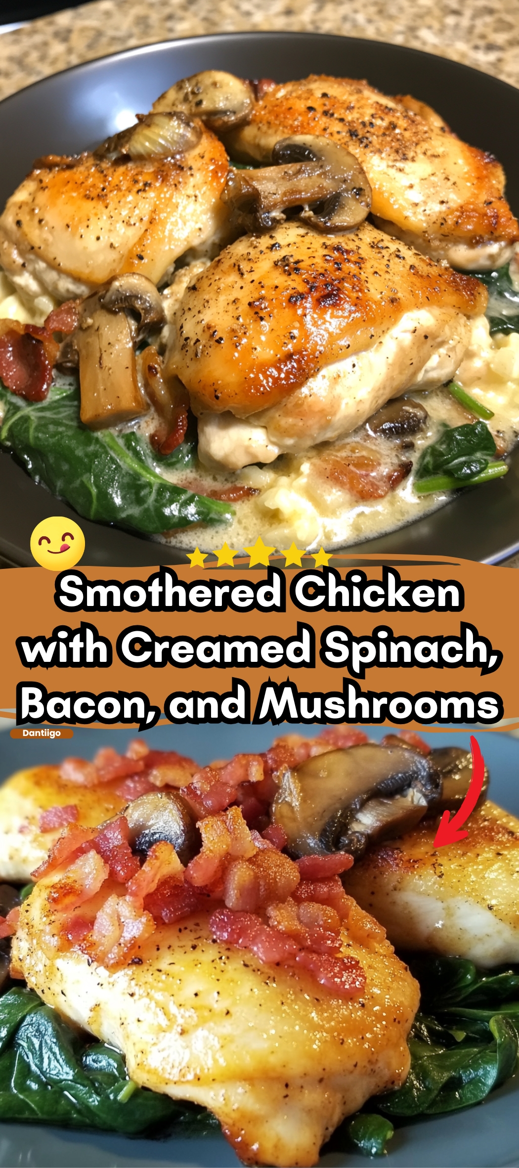 Smothered Chicken with Creamed Spinach, Bacon, and Mushrooms