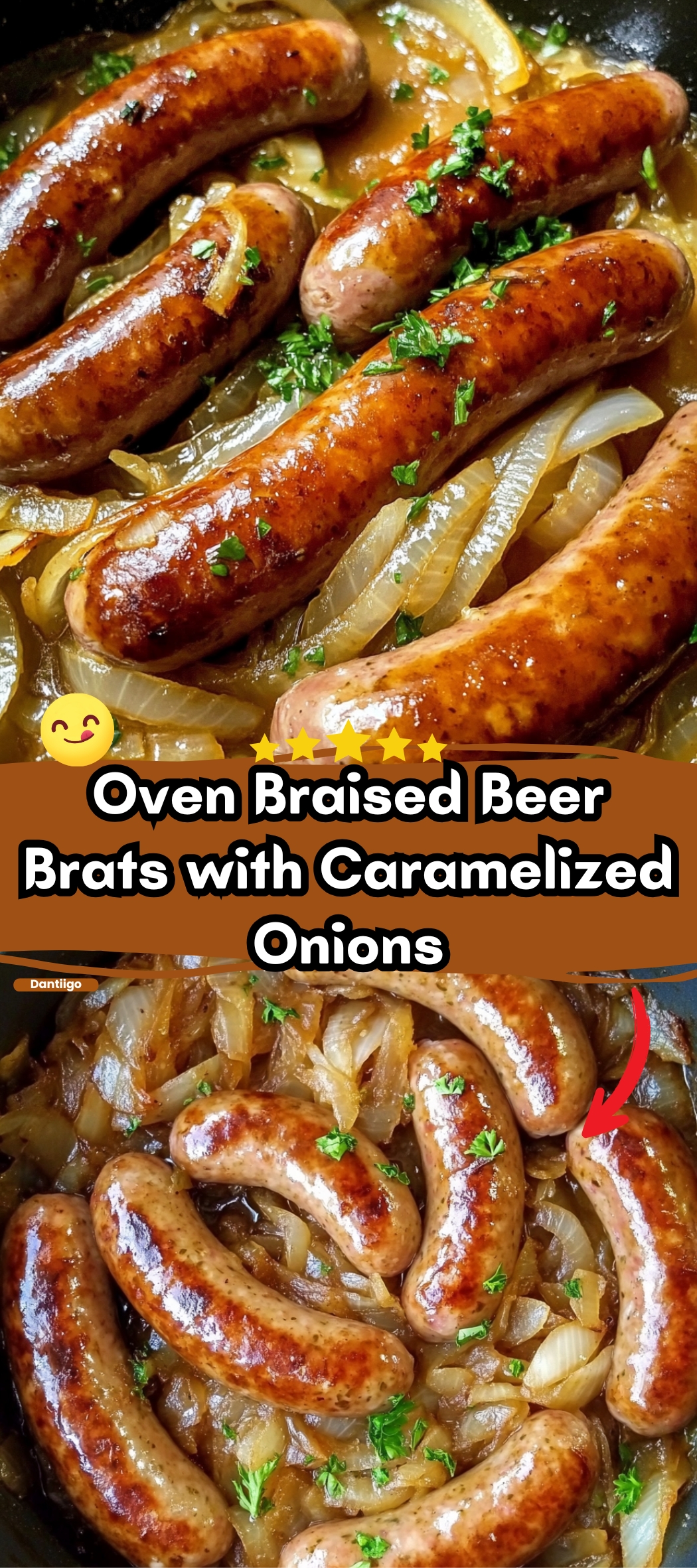 Oven Braised Beer Brats with Caramelized Onions