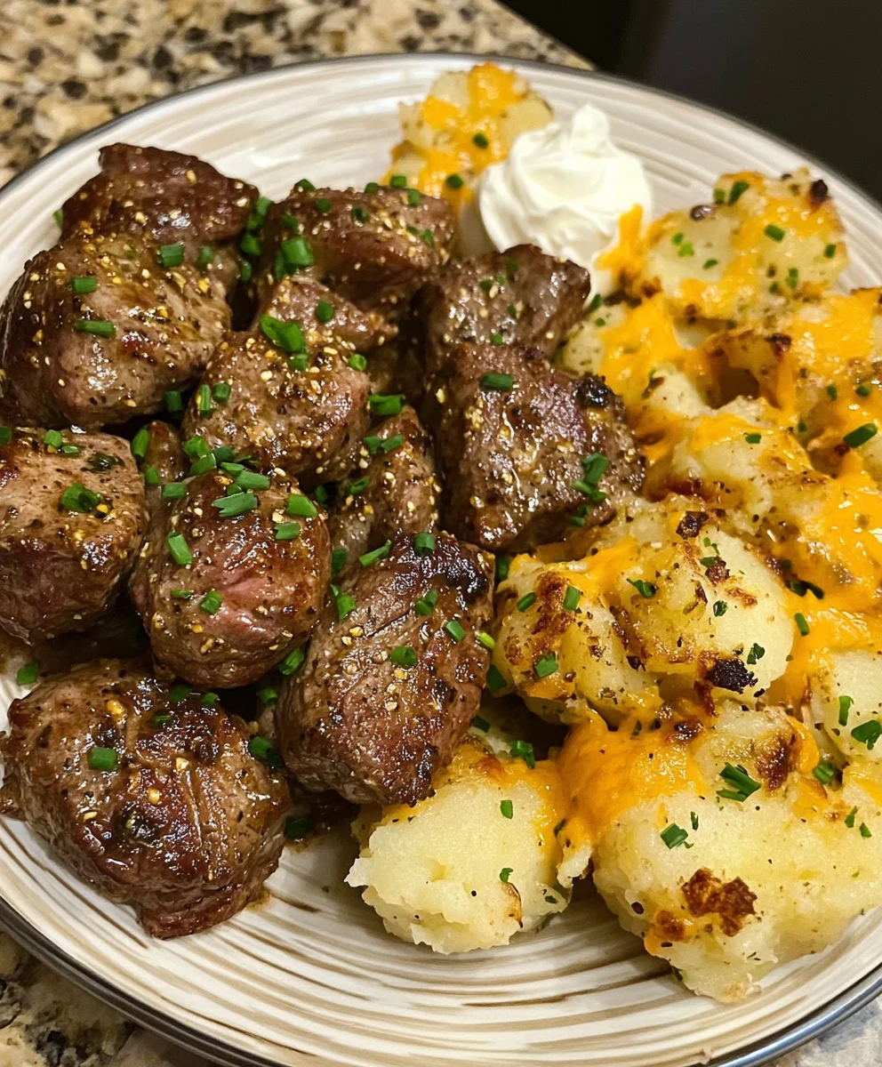 Garlic Butter Steak Bites and Cheesy Smashed Potatoes