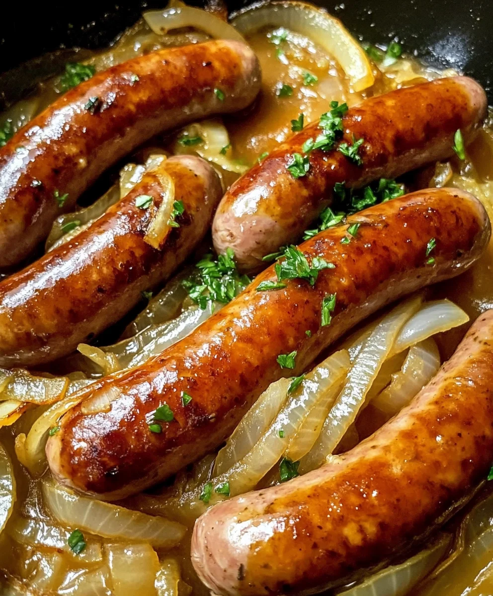 Oven Braised Beer Brats with Caramelized Onions