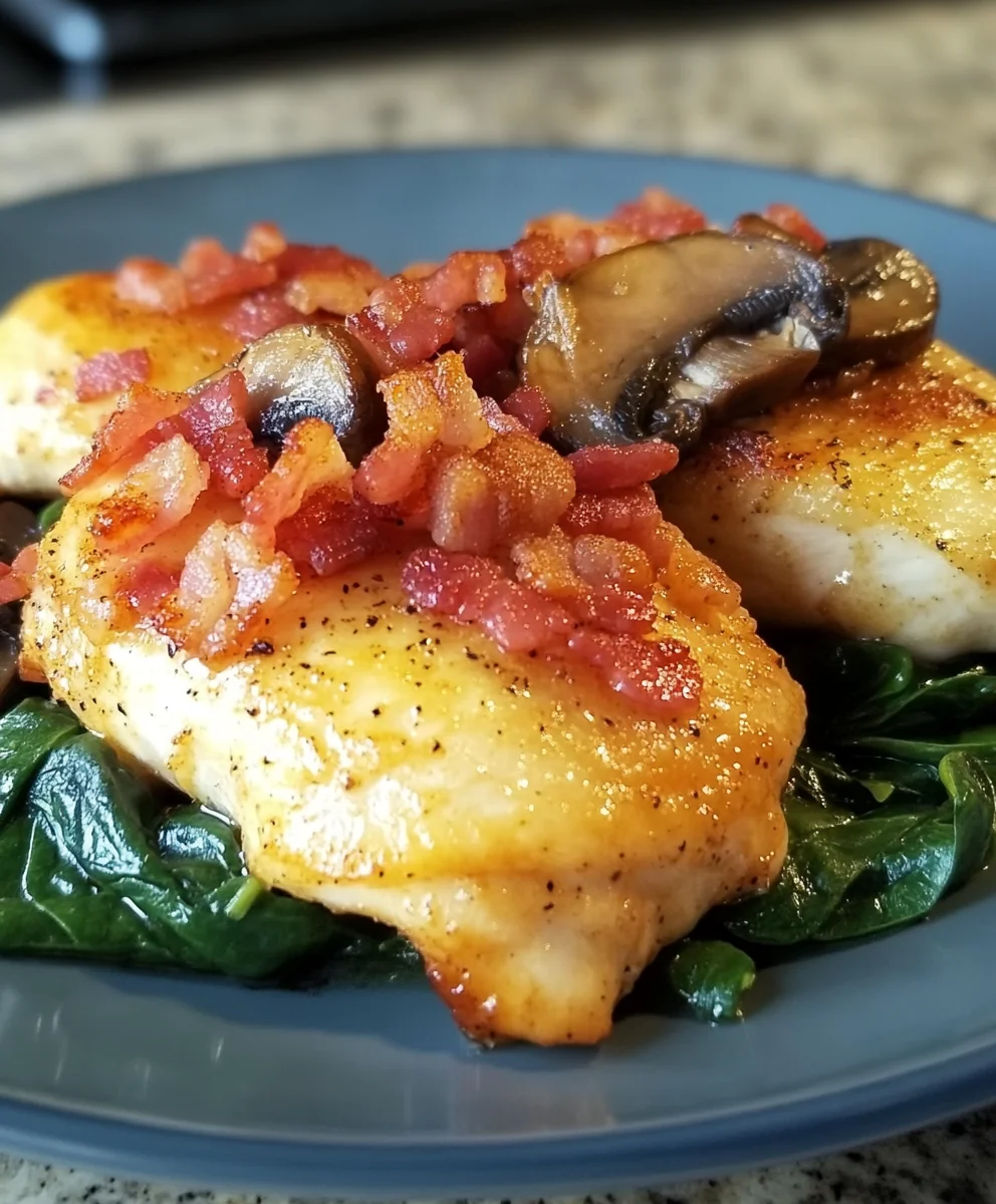 Smothered Chicken with Creamed Spinach, Bacon, and Mushrooms